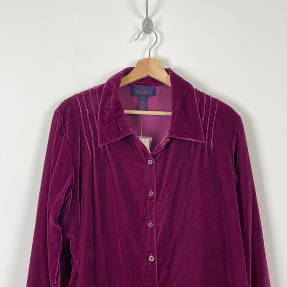 Denim & Co Velvet Long Sleeve Button Down Womens L Wine Color Stretch Blouse - Picture 3 of 8